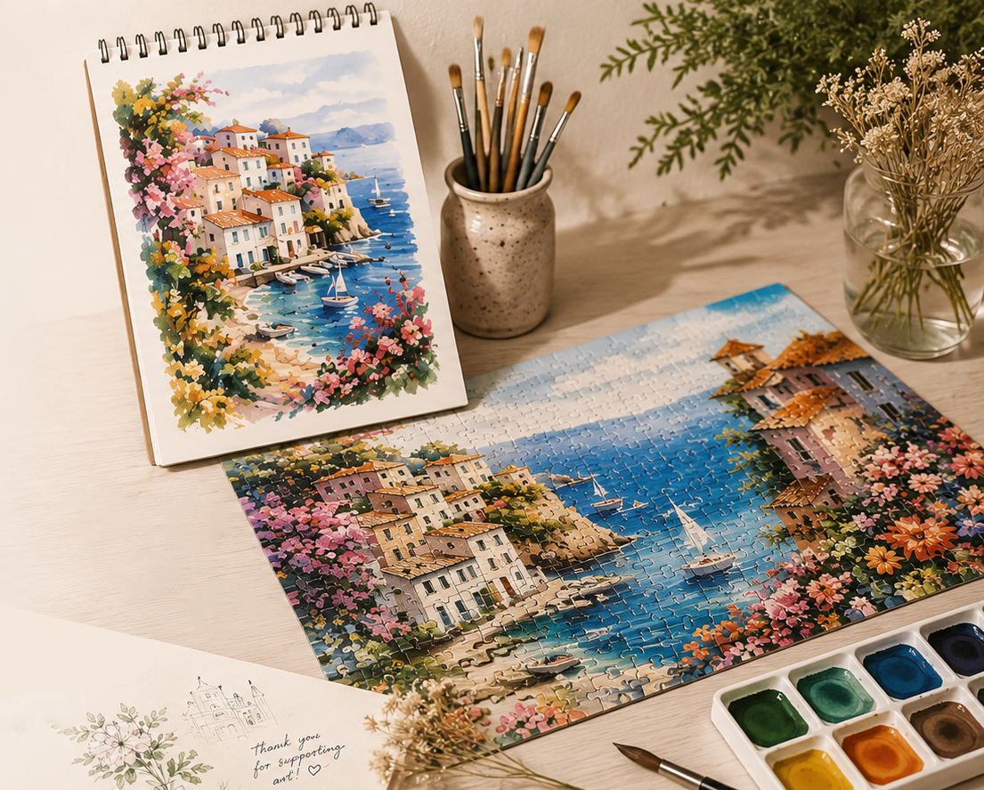 Premium custom puzzle created from original artwork through the UArtist Studio Artist Puzzle Program, designed and finished in Canada.