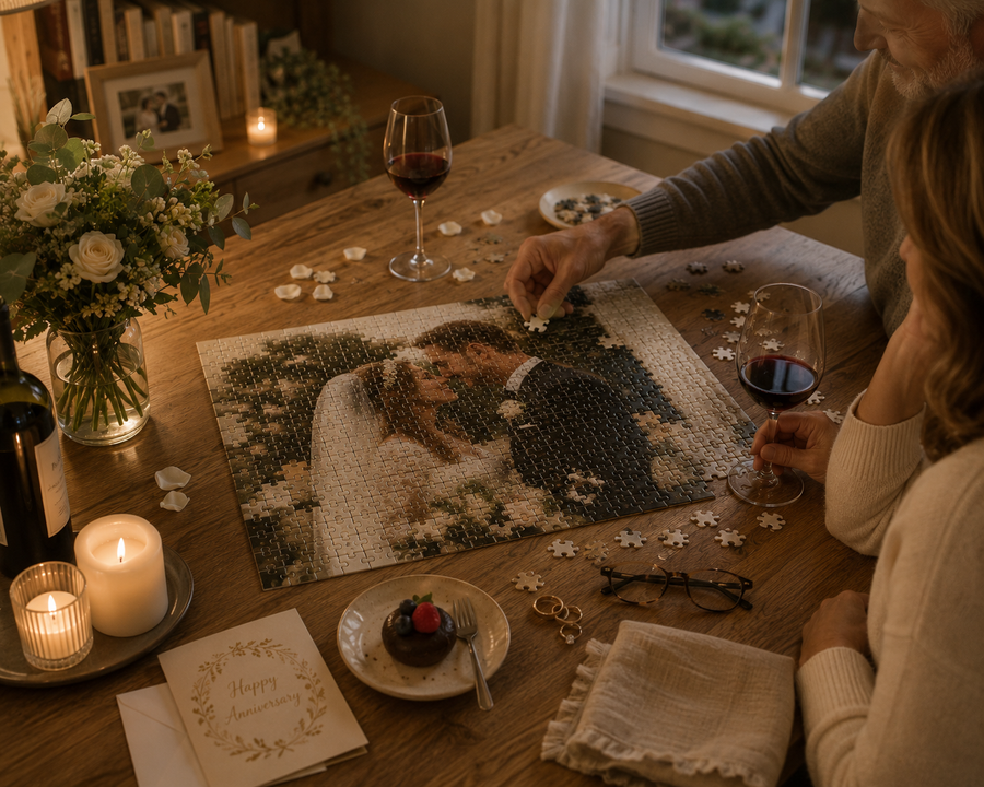A couple celebrating their anniversary while completing a personalized wedding photo puzzle.