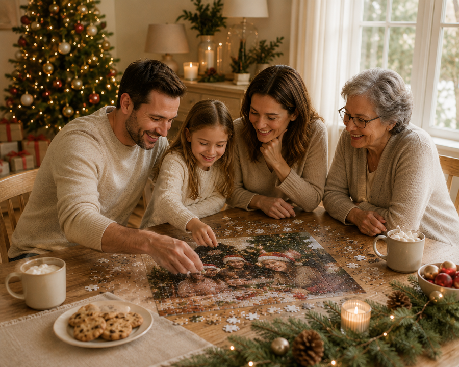 Family gathering around a personalized Christmas photo puzzle on a festive dining table.