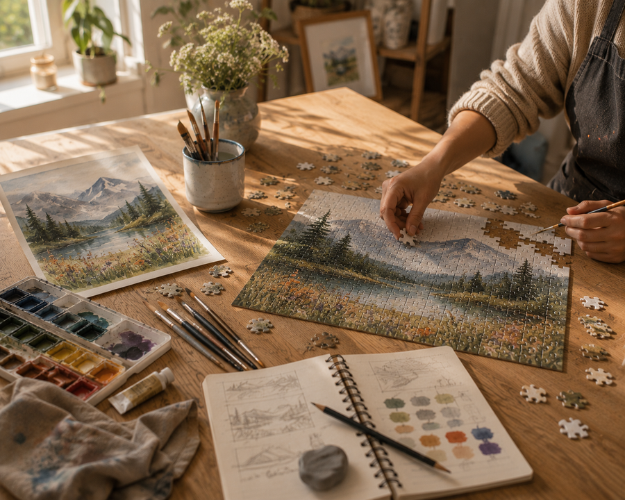 An artist reviewing a personalized puzzle created from an original artwork in a creative studio.