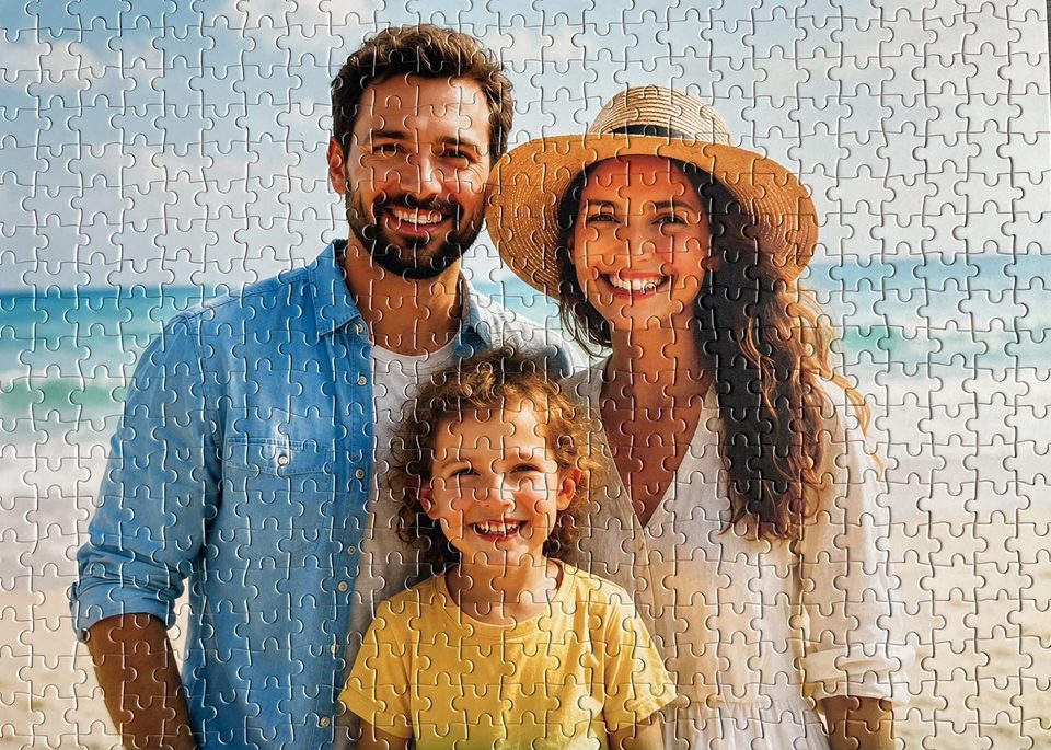 Finished 500-piece UArtist family photo puzzle from a beach photo
