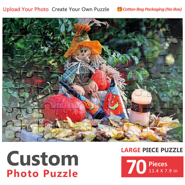 70-piece large piece custom photo puzzle with Halloween scarecrow design