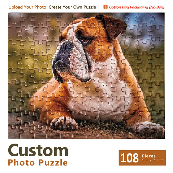 108-piece custom photo puzzle featuring a bulldog with cotton bag packaging