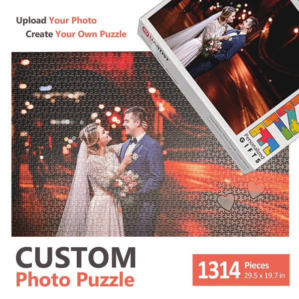 1314-piece Romantic Love custom photo puzzle featuring a wedding couple and double-heart design